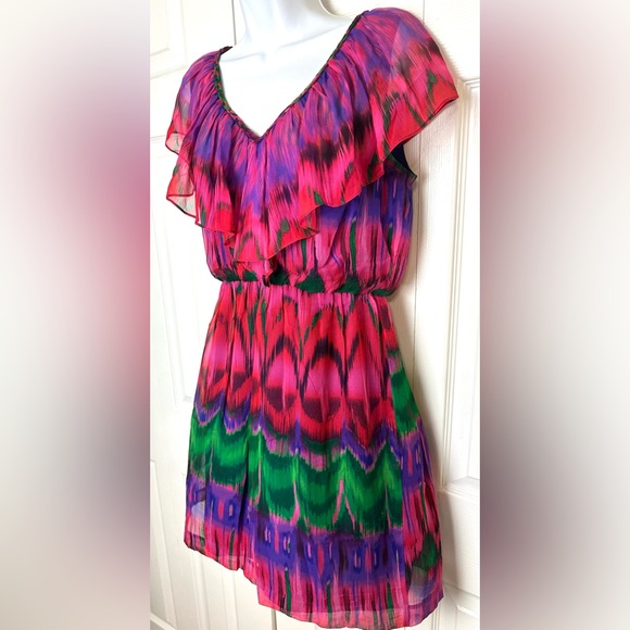 TRINA TURK Ruffle Dress Braided Neckline Colorful Eclectic Printed Jewel Tones - Picture 3 of 11